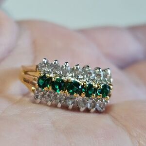 Vintage EDCO Gold Electroplated Cocktail Ring Green Clear Rhinestones Size 6